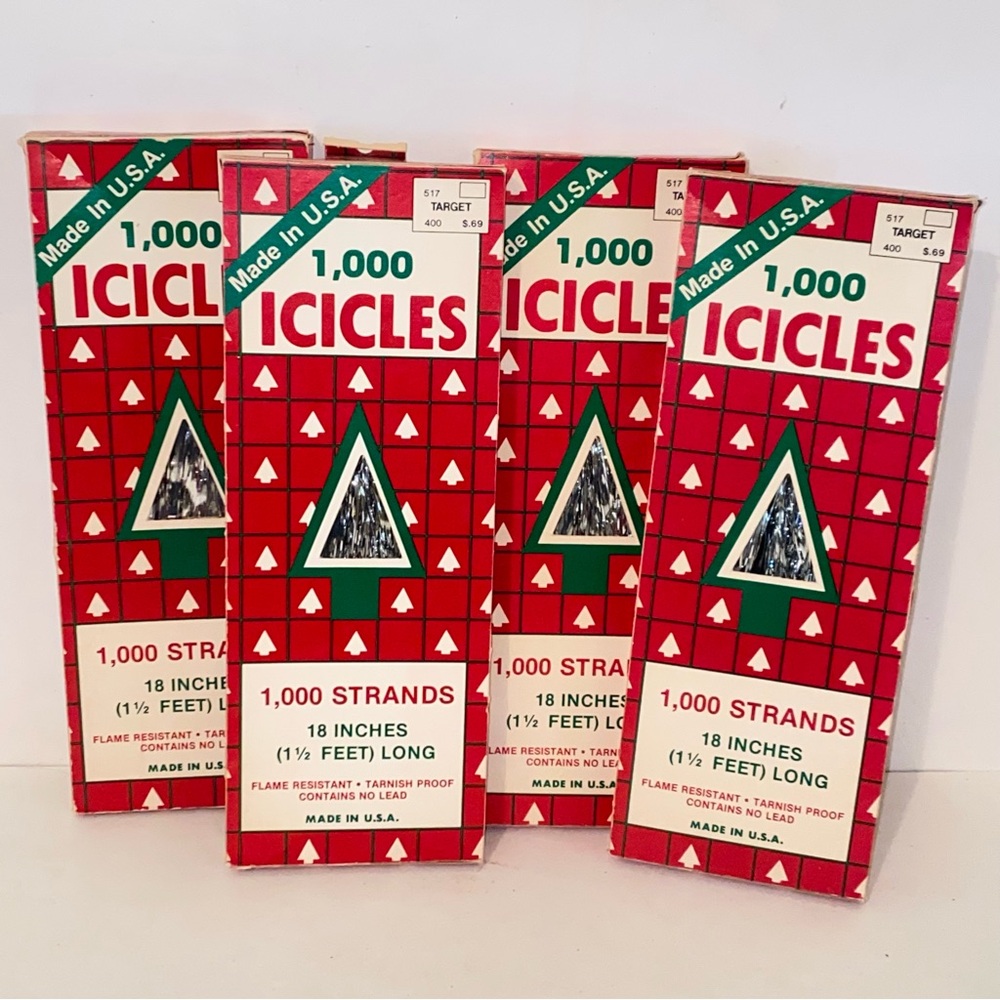 Vintage Rauch Industries Silver 18" Icicle Tinsel 4 New 1000 Strand Boxes